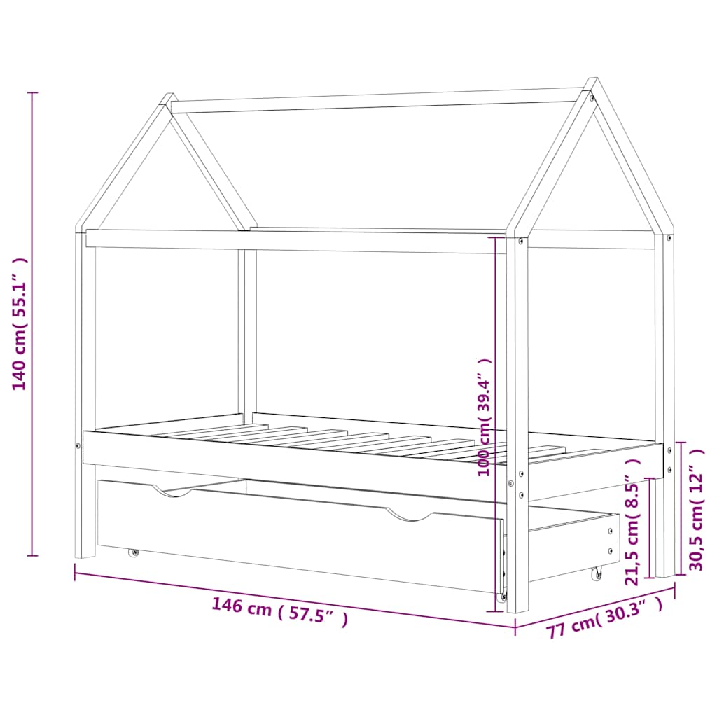 vidaXL Barnsäng med låda vit massiv furu 70x140 cm