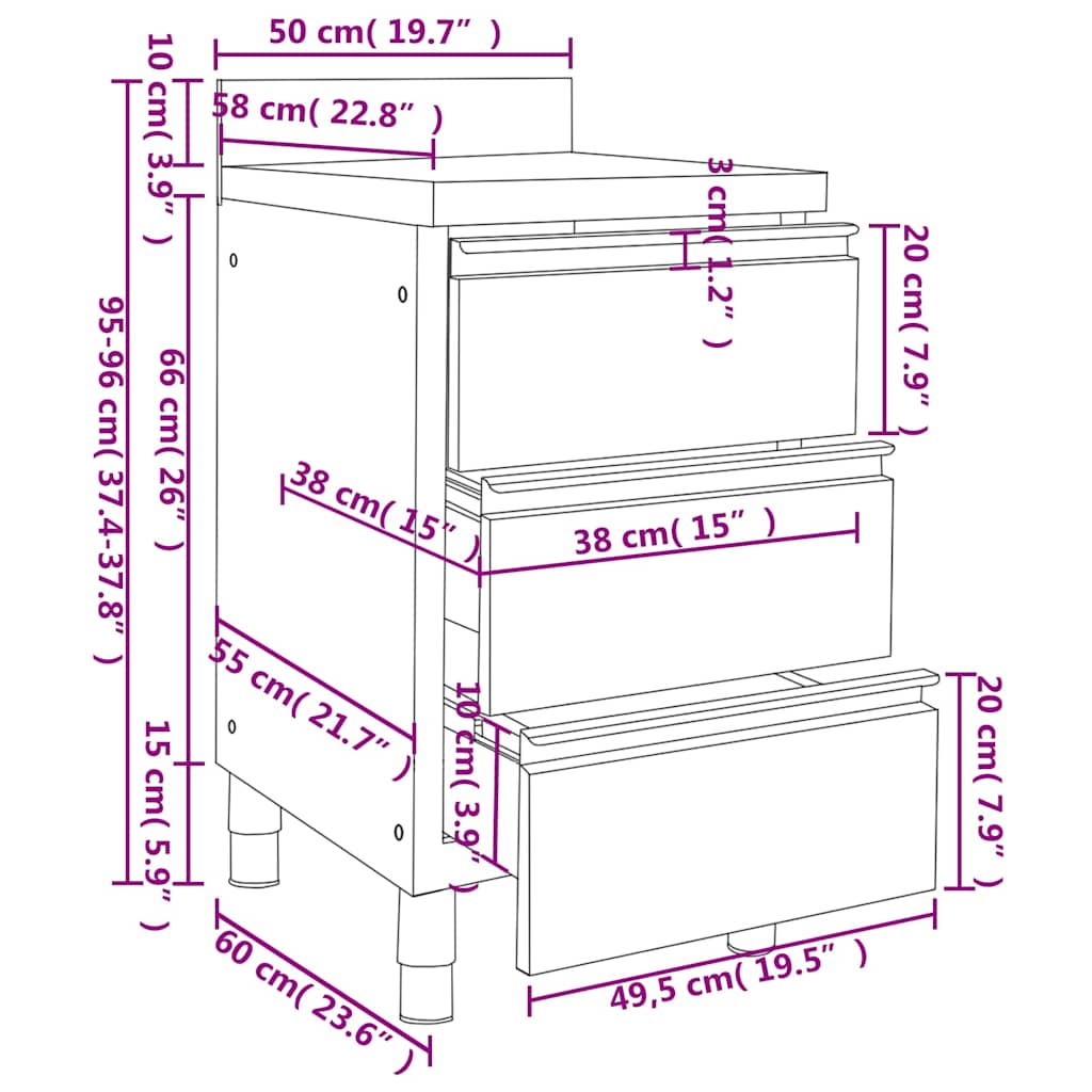 vidaXL Kommersiella köksskåp med 3 lådor 2 st 50x60x96 cm