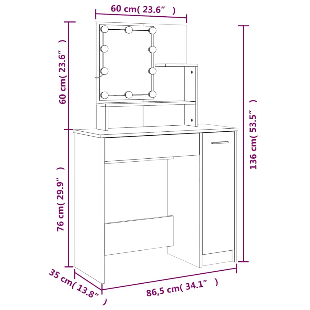 vidaXL Sminkbord med LED betonggrå 86,5x35x136 cm