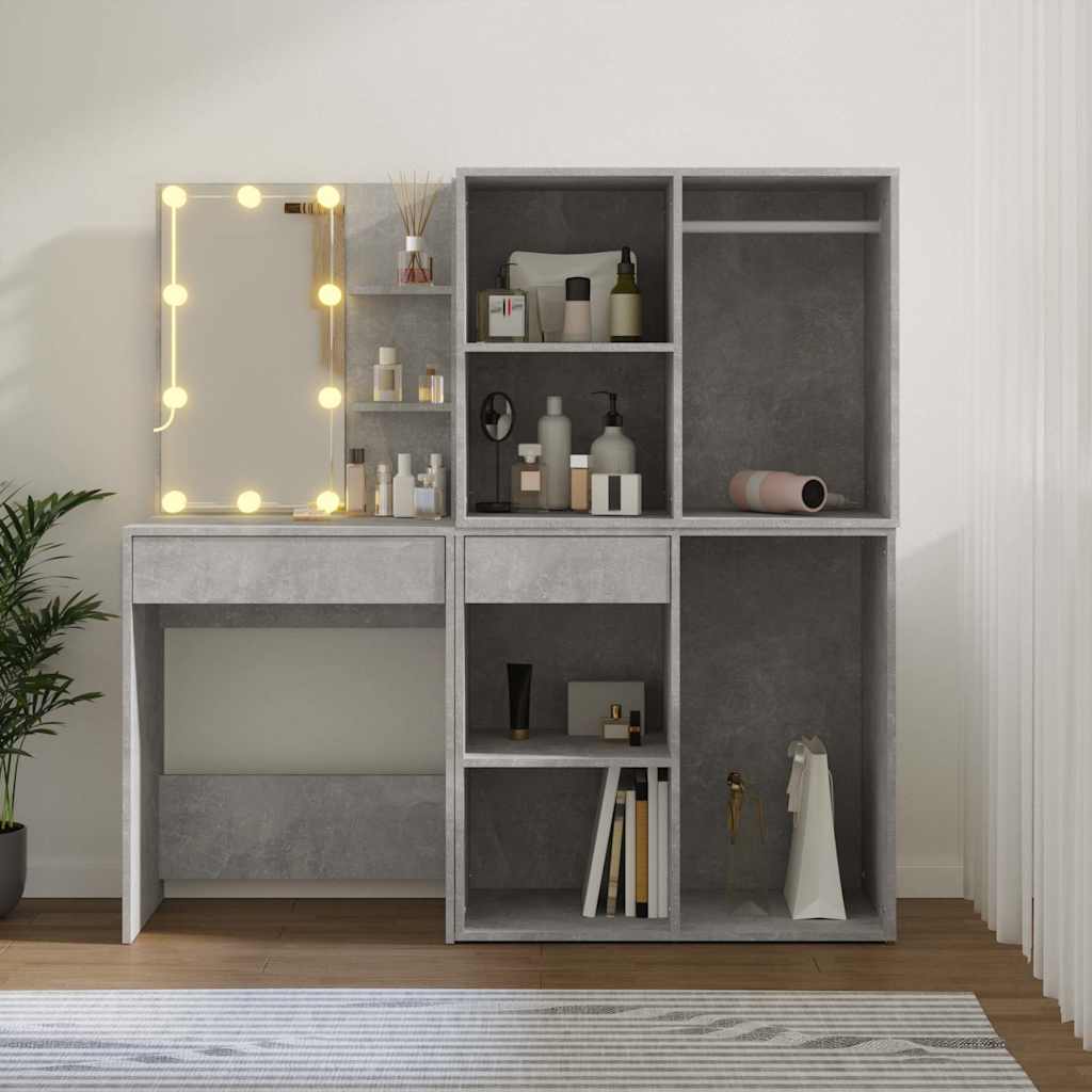 vidaXL Sminkbord LED med 2 skåp betonggrå konstruerat trä