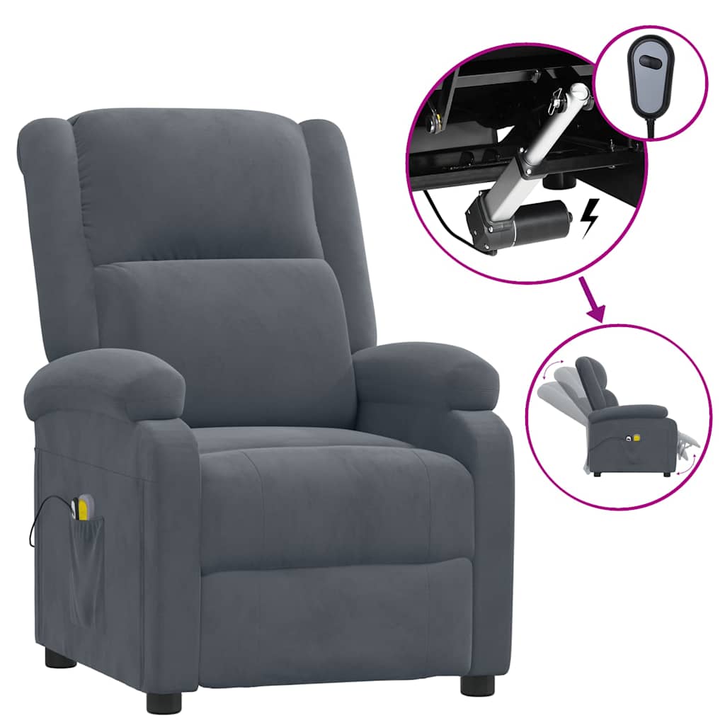 vidaXL Elektrisk massagefåtölj mörkgrå sammet