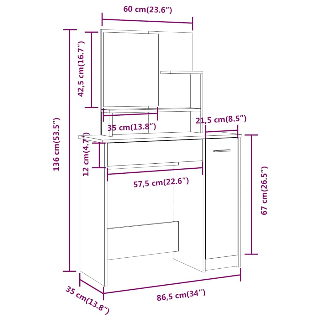 vidaXL Sminkbord set rökfärgad ek 86,5x35x136 cm
