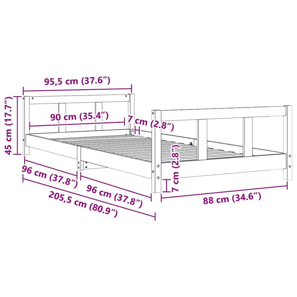vidaXL Sängram för barnsäng vit 90x200 cm massiv furu