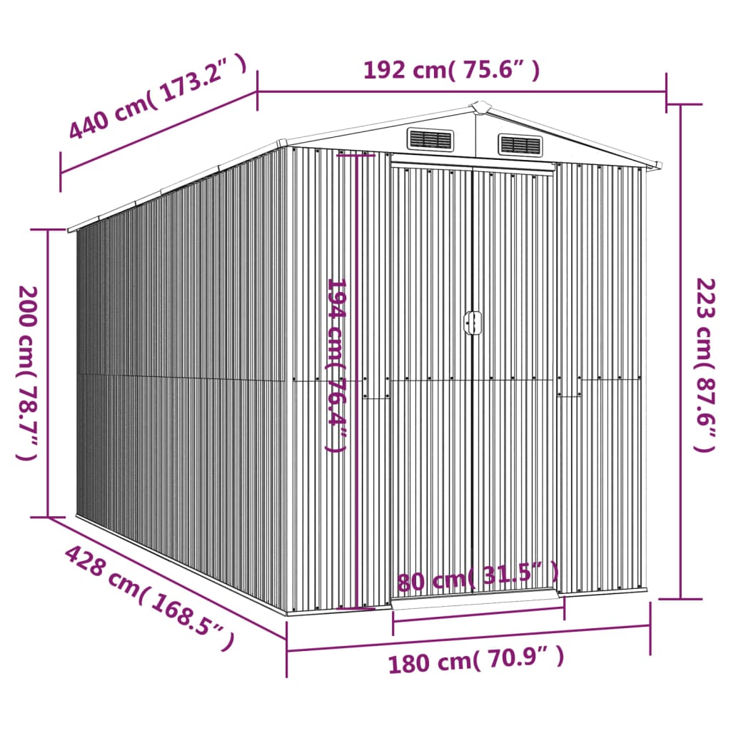 vidaXL Trädgårdsskjul antracit 192x440x223 cm galvaniserat stål
