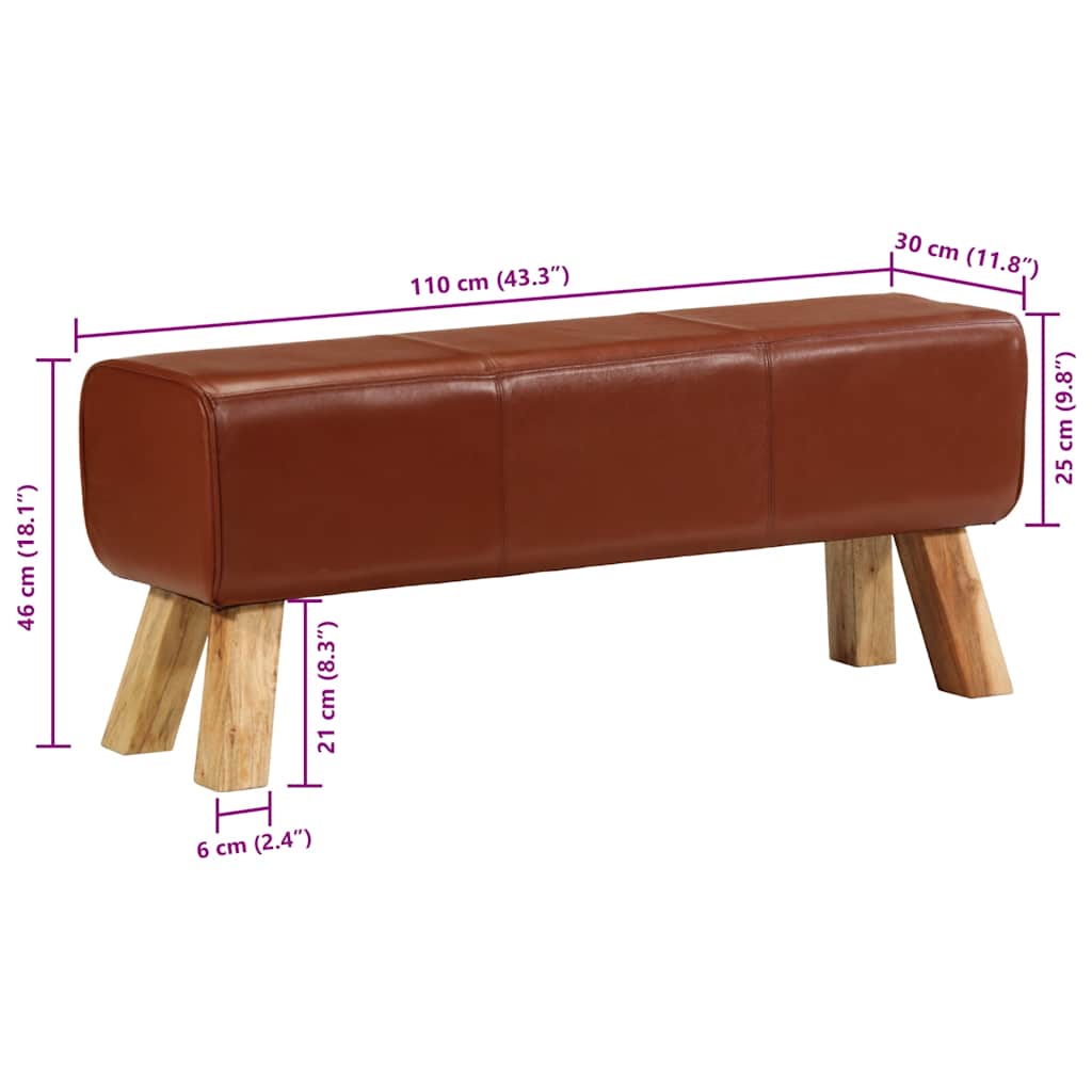 vidaXL Gymbänk brun 110 cm äkta läder och massivt mangoträ