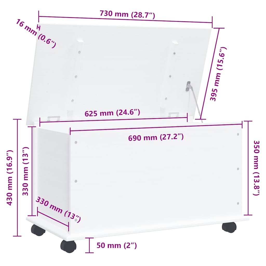 vidaXL Förvaringskista på hjul vit ALTA 73x39,5x43 cm massiv furu