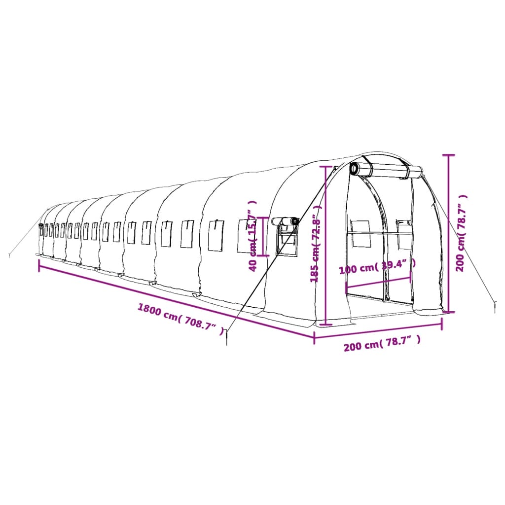 vidaXL Växthus med stålram grön 36 m² 18x2x2 m