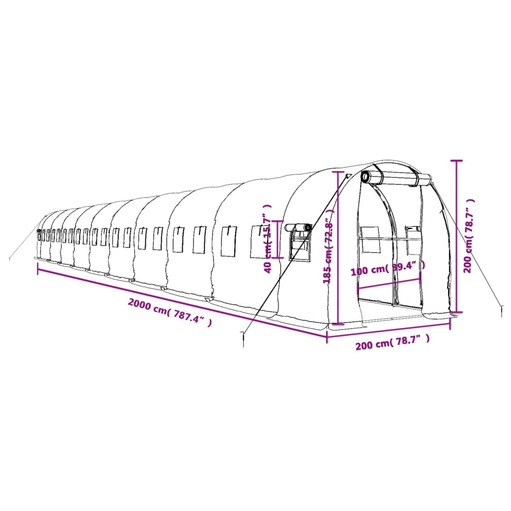 vidaXL Växthus med stålram grön 40 m² 20x2x2 m