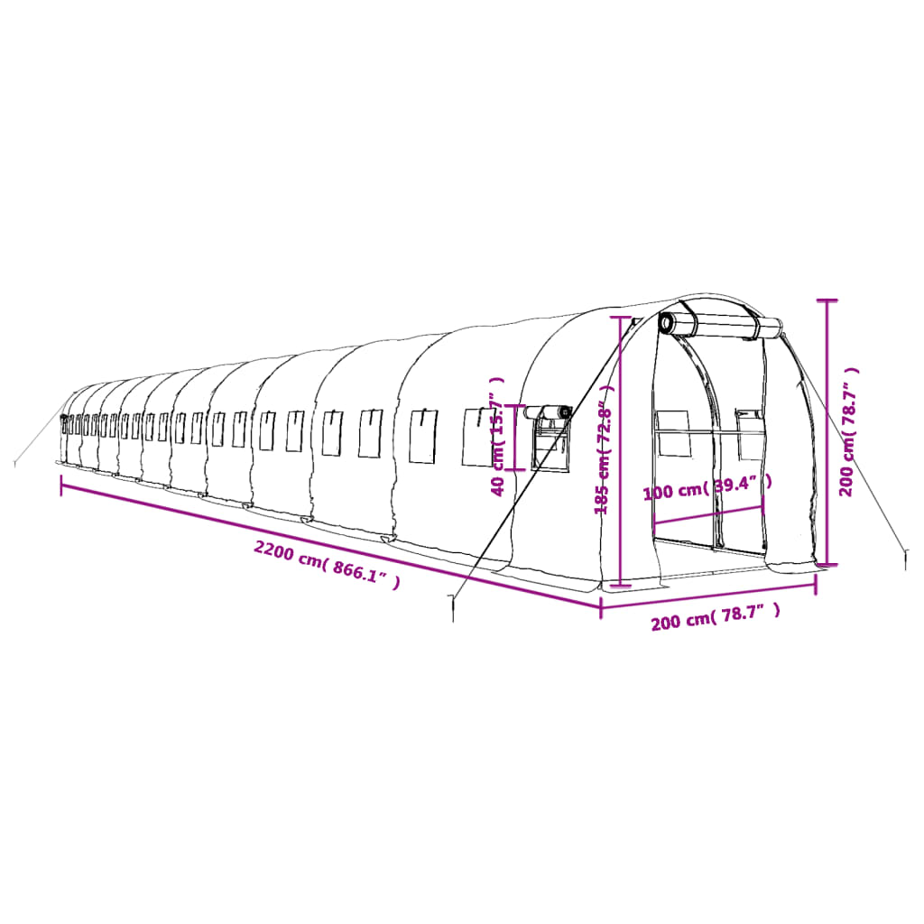 vidaXL Växthus med stålram vit 44 m² 22x2x2 m
