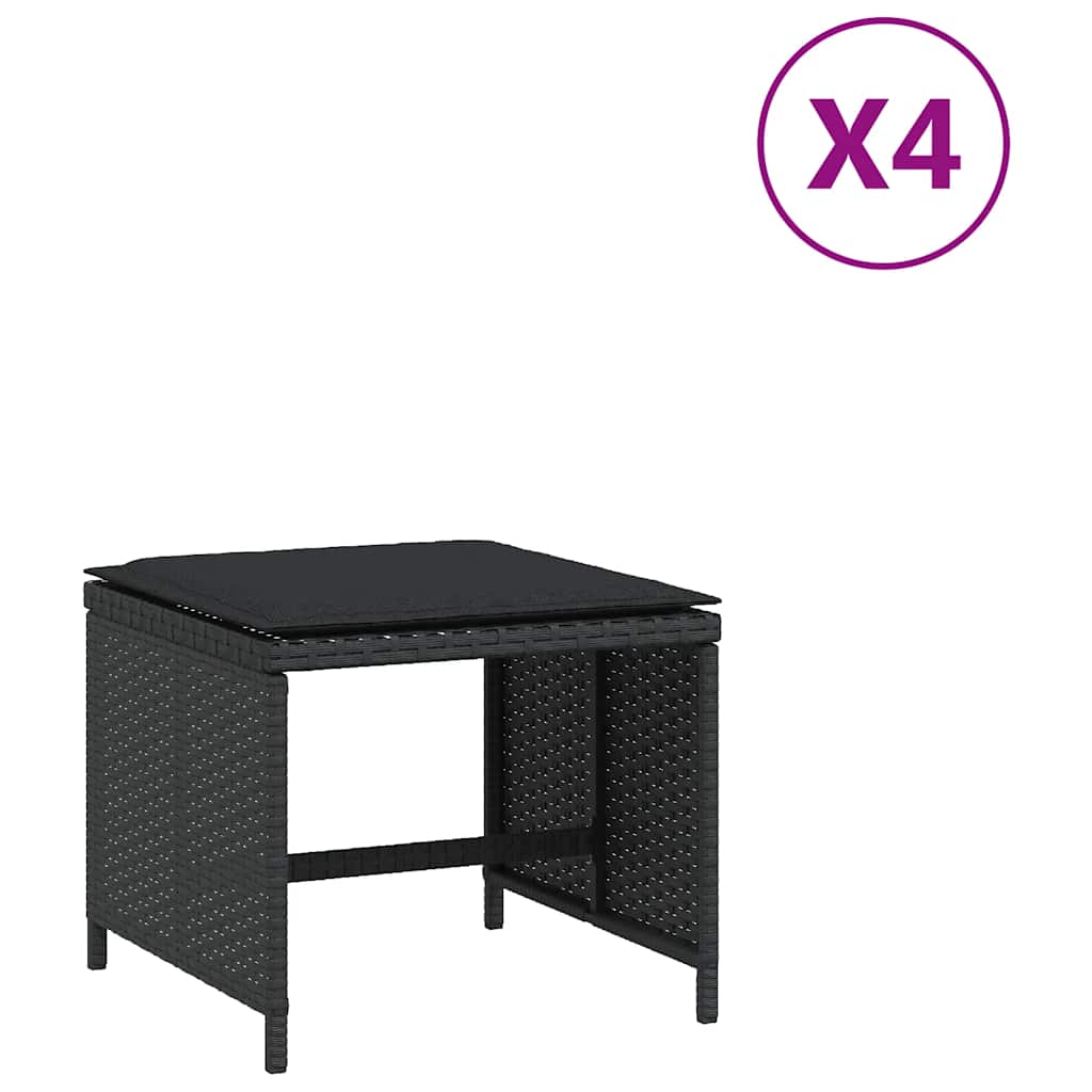 vidaXL Trädgårdspallar med dynor 4 st svart 41x41x36 cm konstrotting