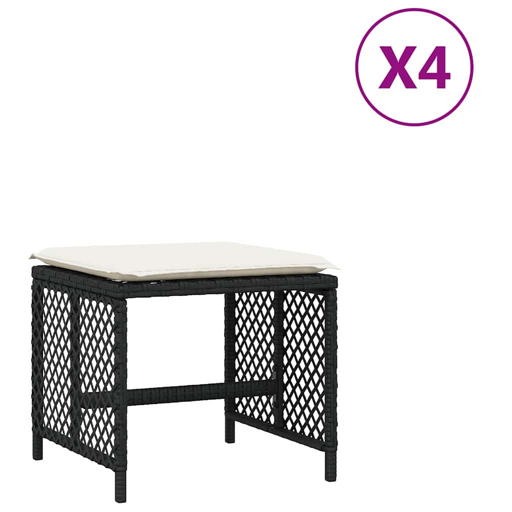 vidaXL Trädgårdspallar med dynor 4 st svart 41x41x36 cm konstrotting