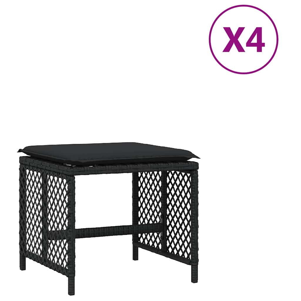 vidaXL Trädgårdspallar med dynor 4 st svart 41x41x36 cm konstrotting
