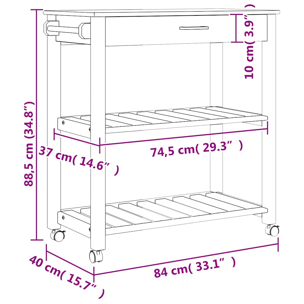vidaXL Köksvagn MONZA 84x40x88,5 cm massivt furu