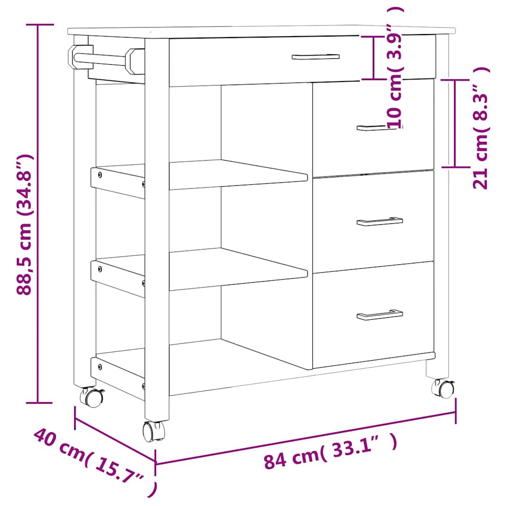 vidaXL Köksvagn MONZA 84x40x88,5 cm grå massivt furu