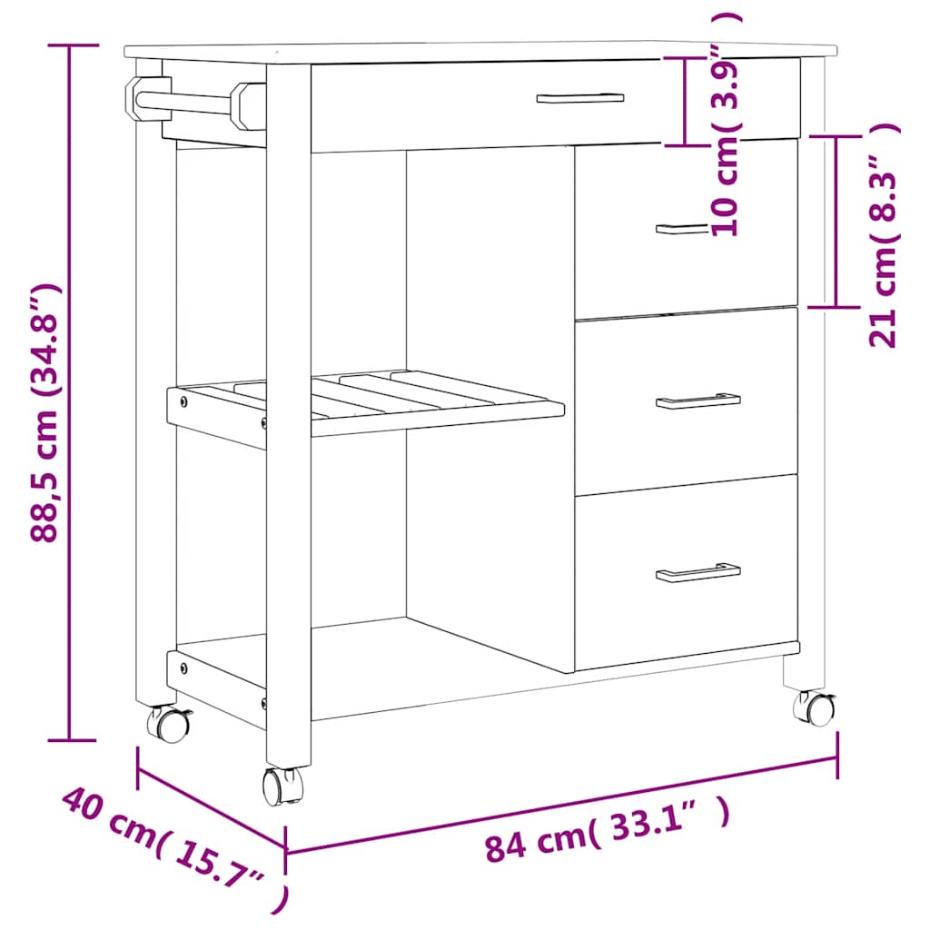 vidaXL Köksvagn MONZA 84x40x88,5 cm vit massivt furu