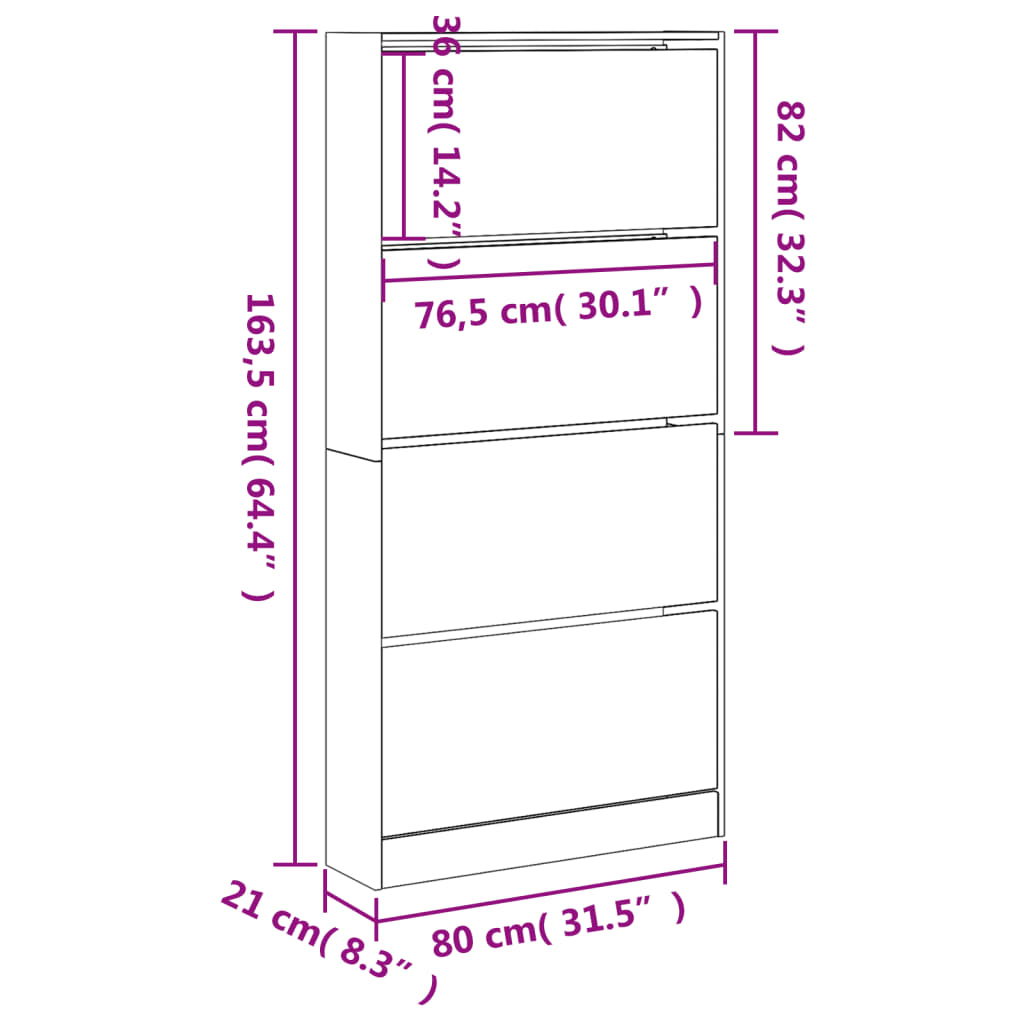 vidaXL Skoskåp med 4 flip-lådor vit 80x21x163,5 cm