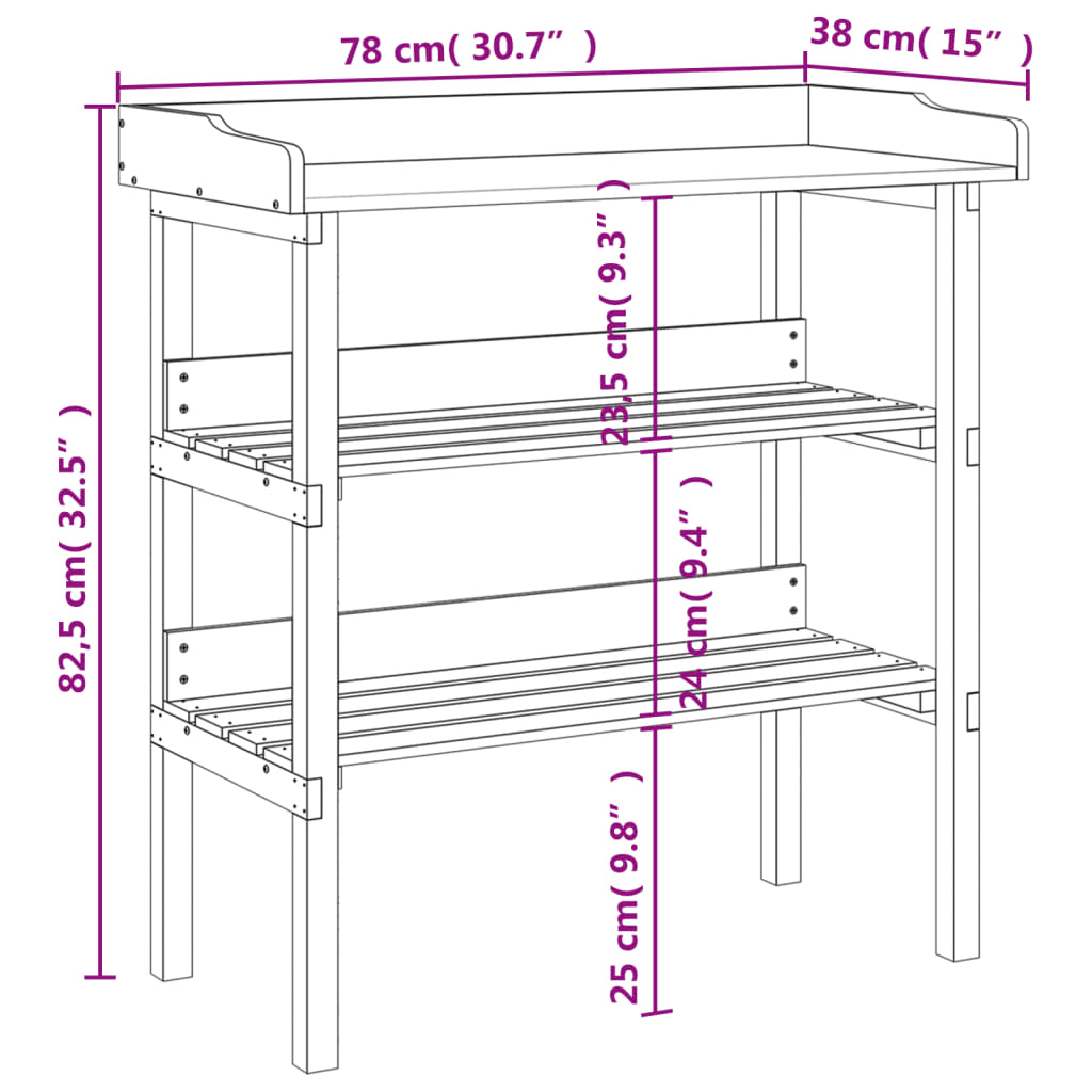vidaXL Växtbord med hylla 78x38x82,5 cm massivt granträ