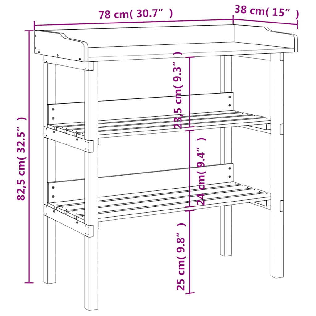 vidaXL Växtbord med hylla brun 78x38x82,5 cm massivt granträ