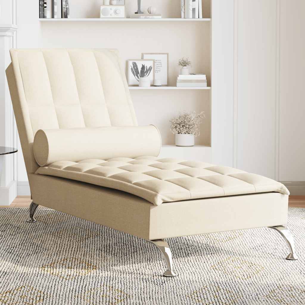 vidaXL Massageschäslong med bolster gräddvit tyg