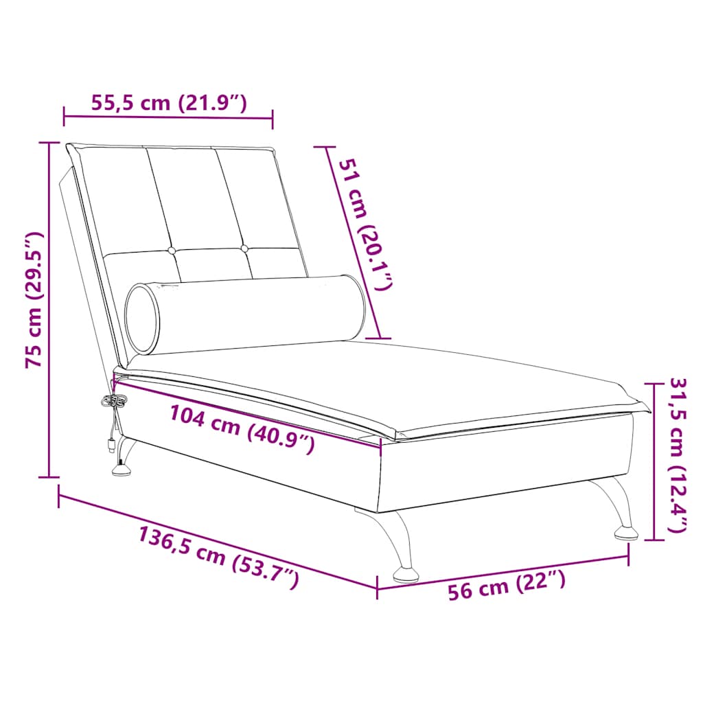 vidaXL Massageschäslong med bolster ljusgrå sammet
