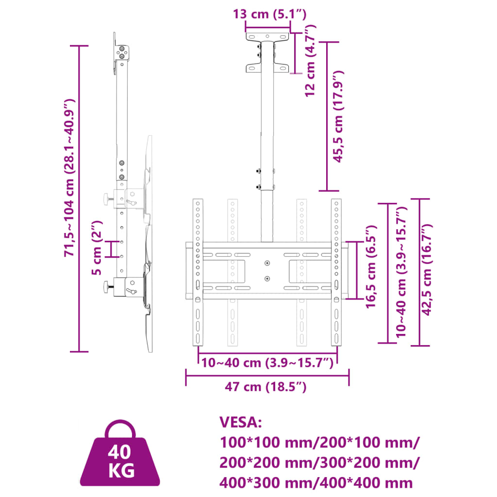 vidaXL Tv-takfäste för 32-65 tums skärm max VESA 400x400 mm 40kg
