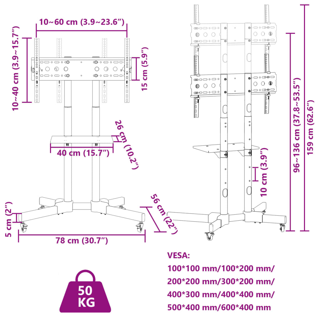 vidaXL Tv-ställ på hjul för 32-70 tums skärm max VESA 600x400 mm 50kg