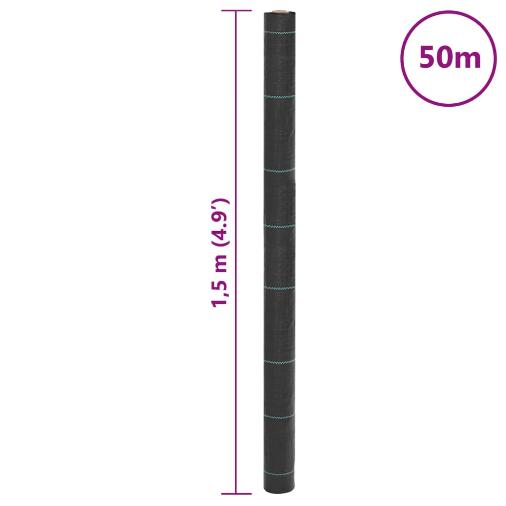 vidaXL Ogräsmembran svart 1,5x50 m PP