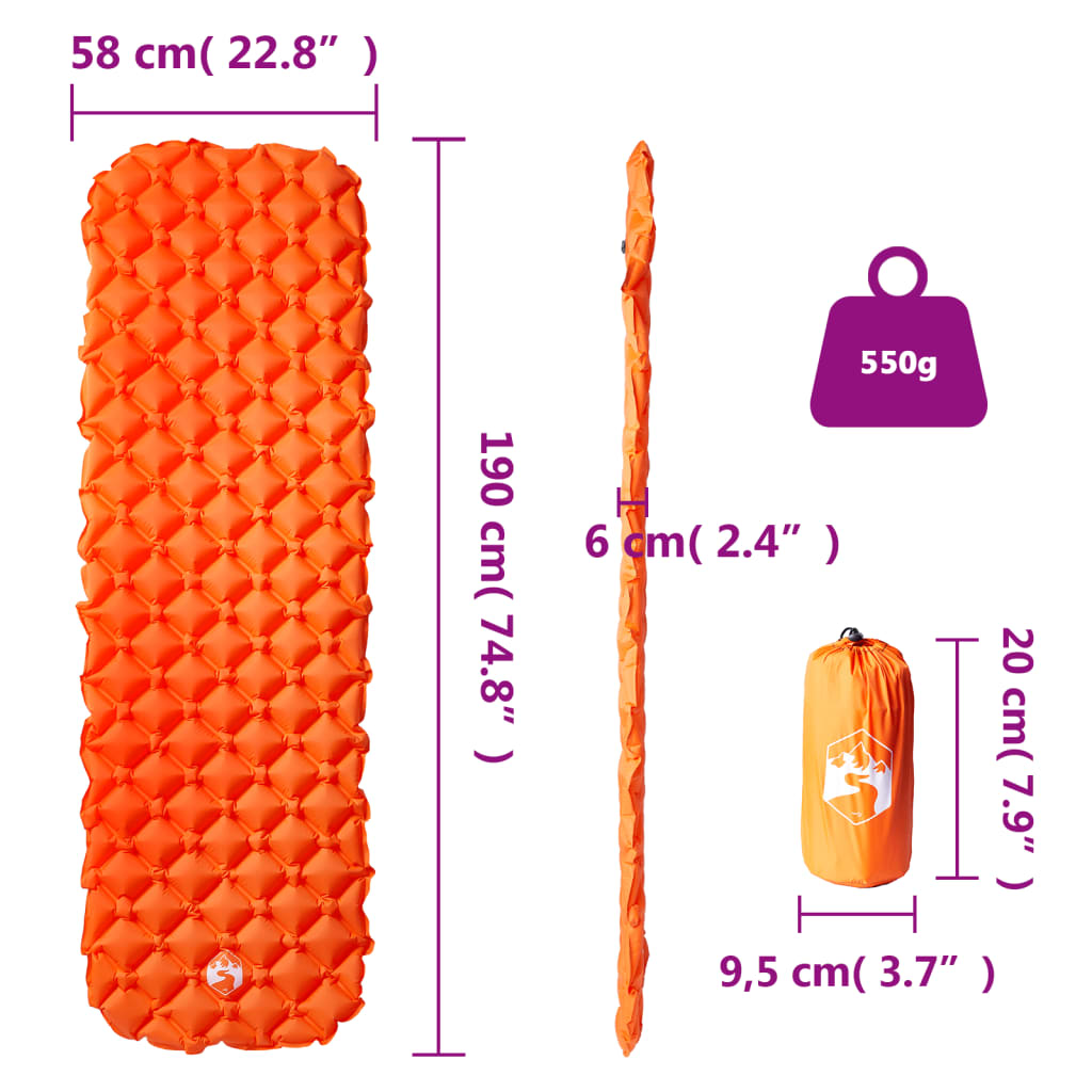 vidaXL Uppblåsbar campingmadrass 1 person orange 190x58x6 cm