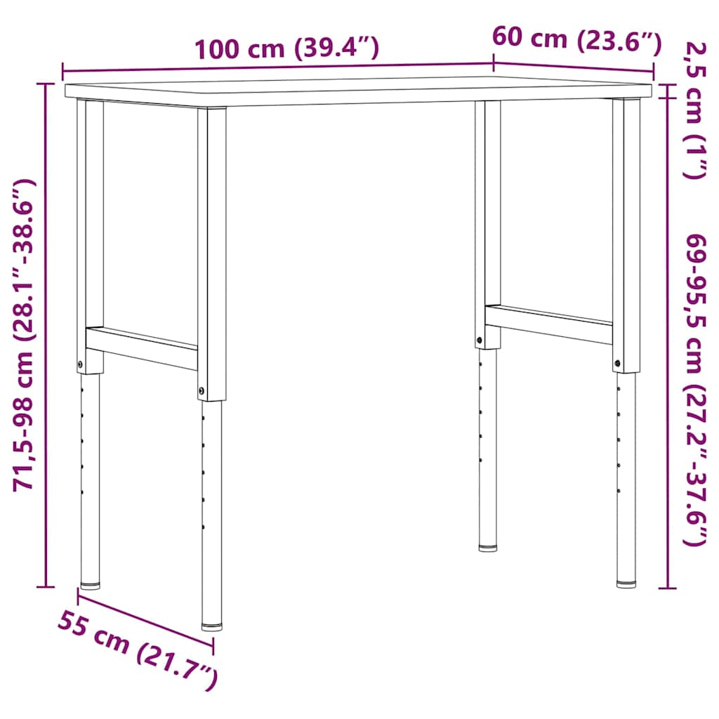 vidaXL Arbetsbänk ljusbrun 100x60x(71,5-98) cm massiv ek rektangulär