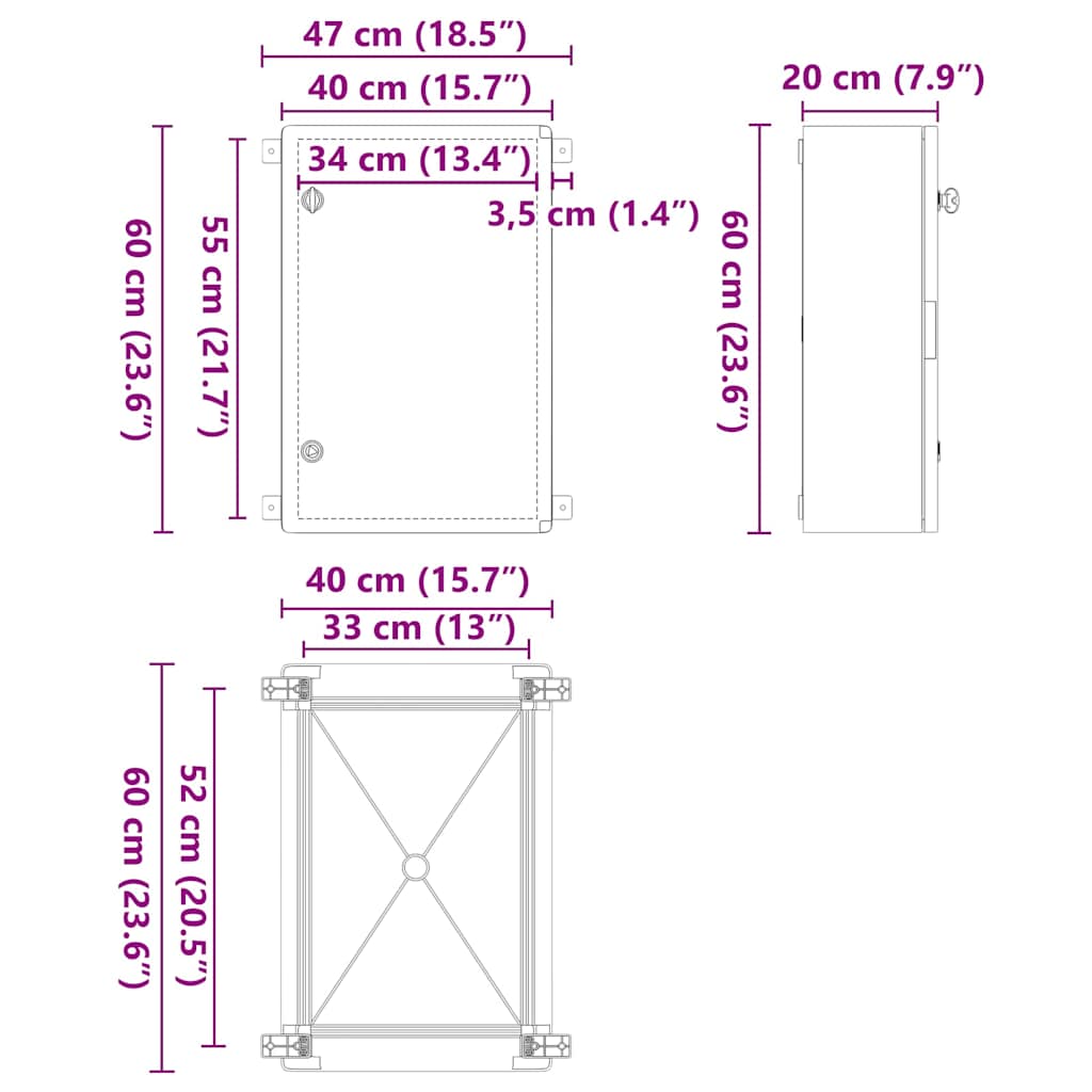 vidaXL Kontrollskåp Grå 47 x 20 x 50 cm ABS Plast
