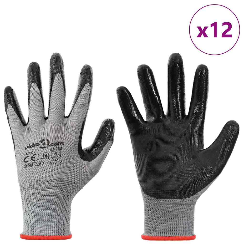 vidaXL Arbetshandskar 12 st Grå och svart 7 / S Polyester