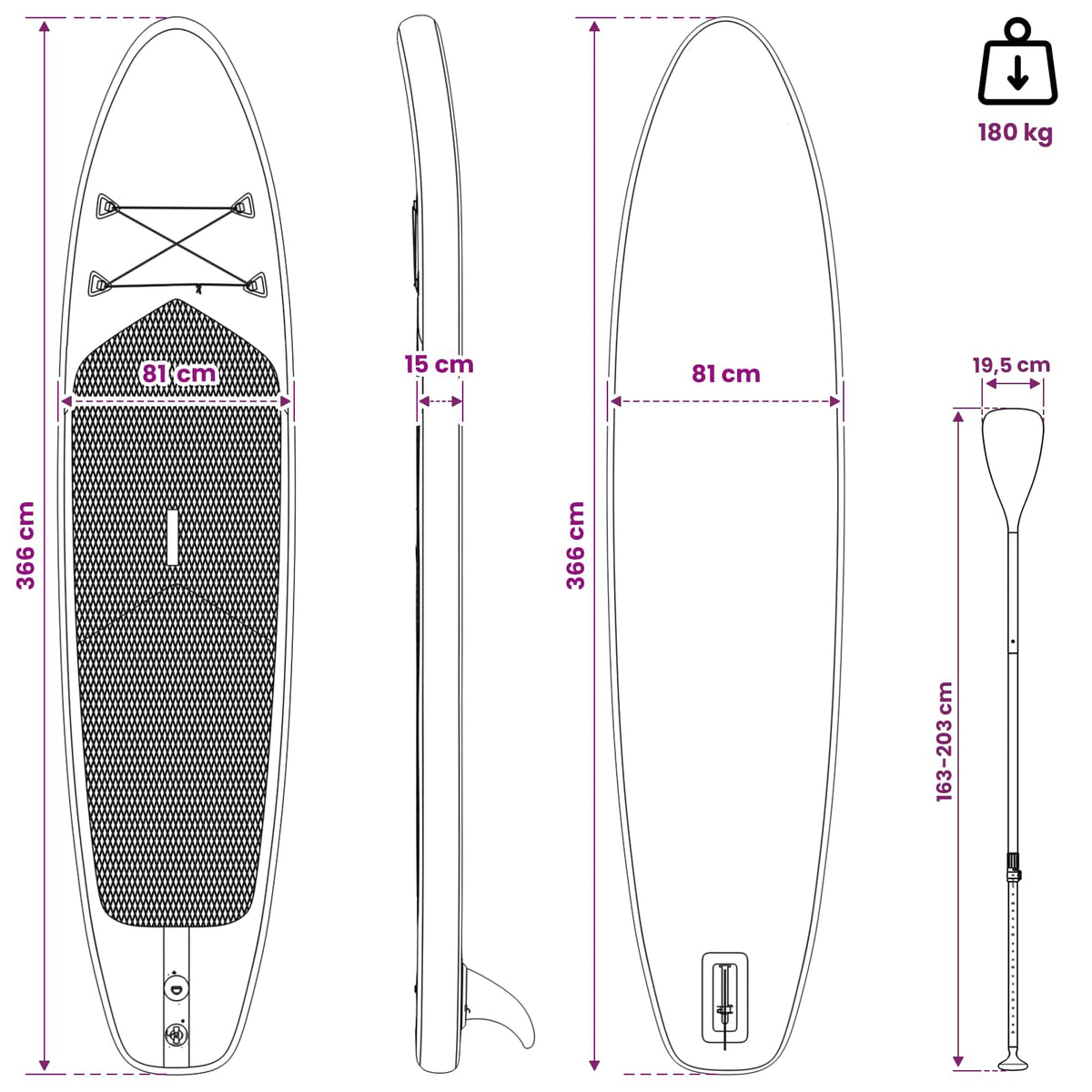vidaXL Uppblåsbar Stand Up Paddle Board HYDROS 366 x 81 x 15 cm Turkos