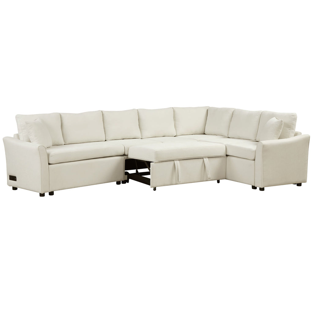 124.8"l-Shaped Sofa Convertible Sofa Bed Pull Out Sofa Sleeper With Two Back Pillows, Two USB Ports and Two Power Socket