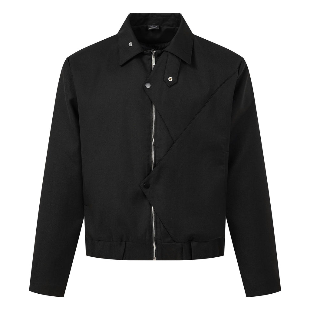 Men's Deconstructed Workwear Jacket with Asymmetric Diagonal Placket, Metal Button Zipper Closure