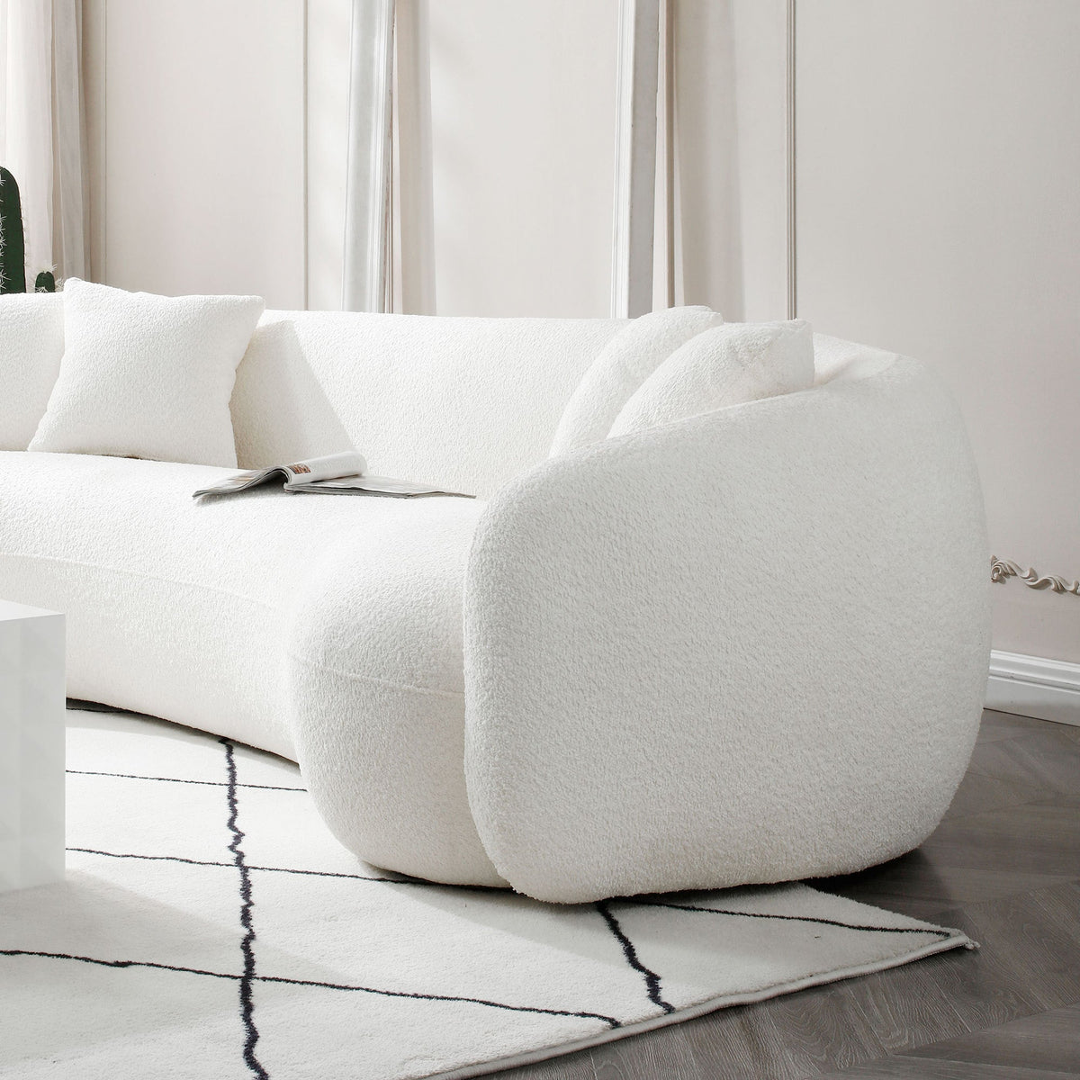 102'' 5-Sitzer Bouclé-Sofa Modernes Ecksofa Halbmond Freizeitcouch Gebogenes Sofa Teddy-Fleece Samt WEISS