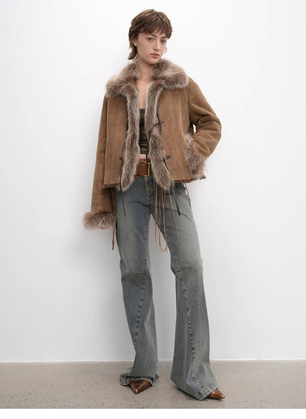 Fireladyfur Women's Shearling Coat - Imported Merino Wool Patchwork Fox Fur Collar Florence