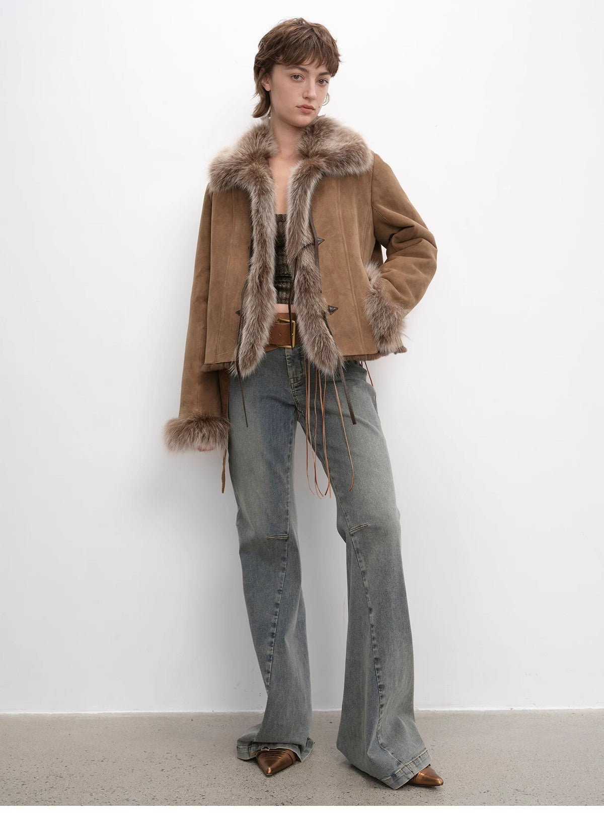 Fireladyfur Women's Shearling Coat - Imported Merino Wool Patchwork Fox Fur Collar Florence