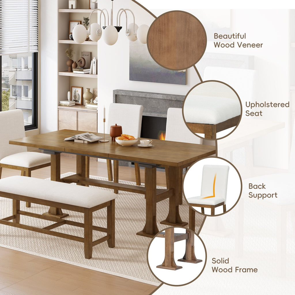 Farmhouse 76inch 6-Piece Extendable Dining Table Set Trestle Kitchen Table Set With 18inch Removable Leaf and Upholstere