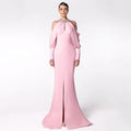 Crystal Halter Cold-Shoulder Draped Sleeve Mermaid Evening Gown