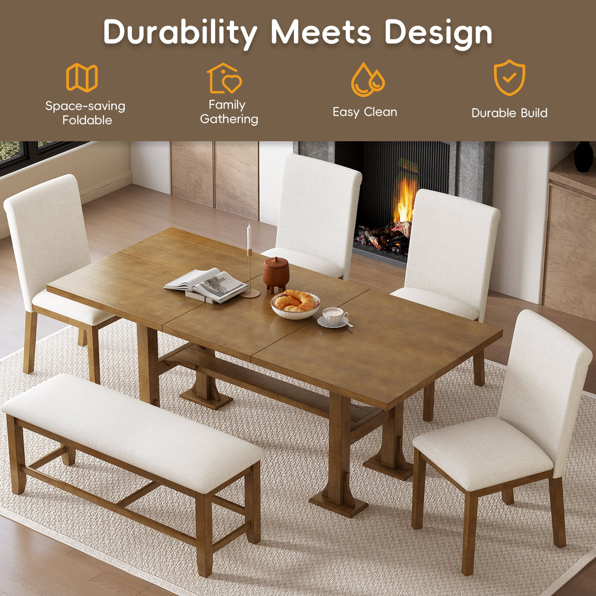 Farmhouse 76inch 6-Piece Extendable Dining Table Set Trestle Kitchen Table Set With 18inch Removable Leaf and Upholstere