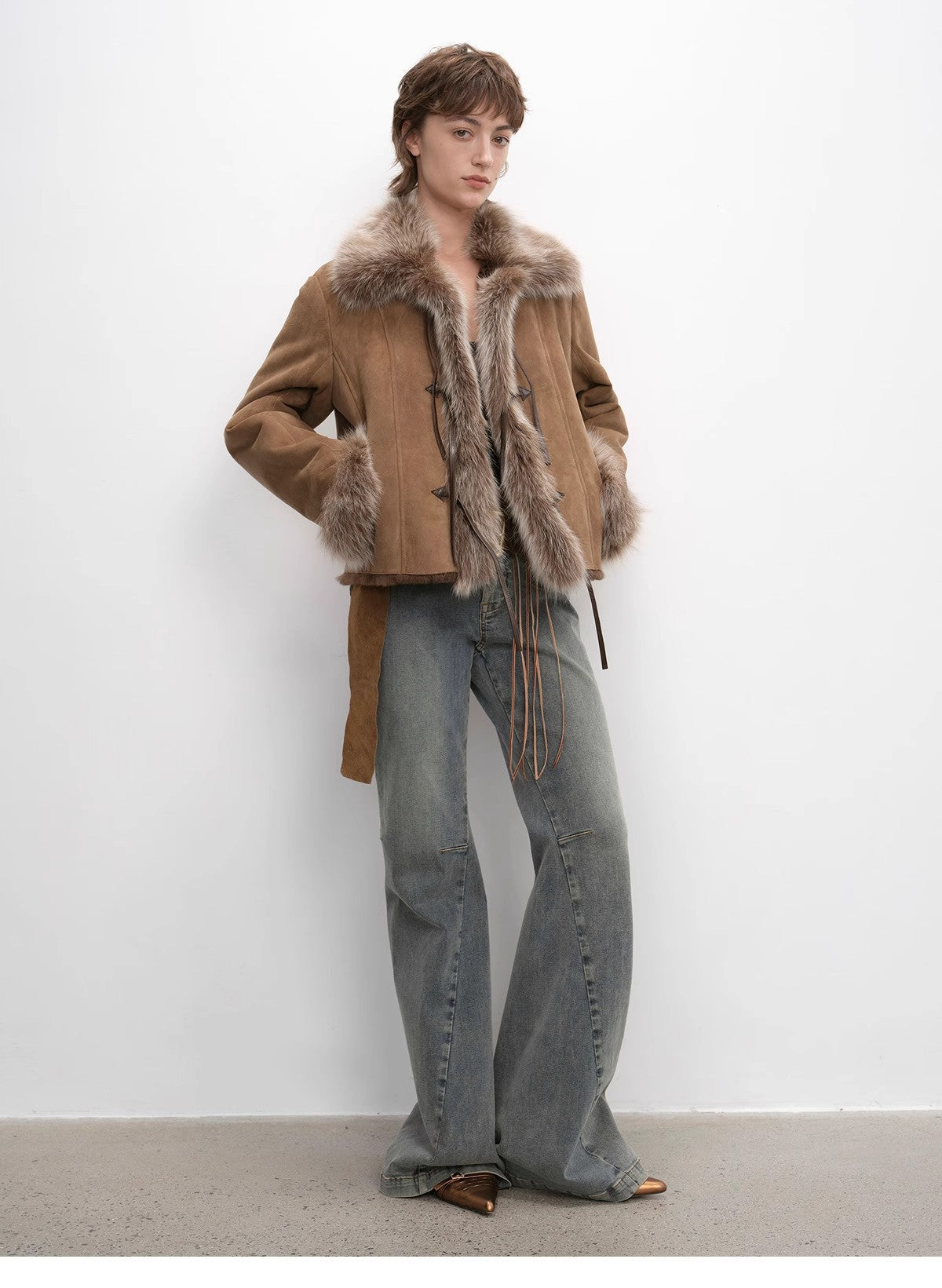 Fireladyfur Women's Shearling Coat - Imported Merino Wool Patchwork Fox Fur Collar Florence