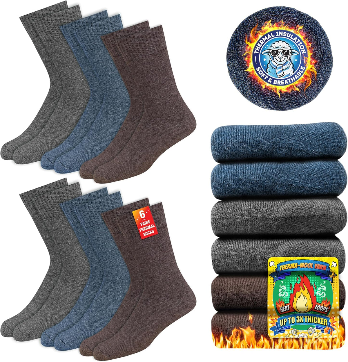 SOXCO Chaussettes Chaudes pour Hommes et Femmes - Chaussettes d’Hiver Thermiques, Lot de 6 Paires