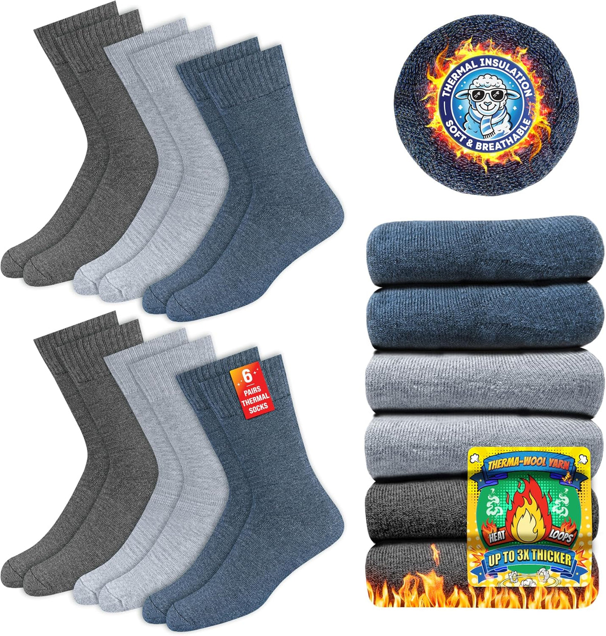 SOXCO Chaussettes Chaudes pour Hommes et Femmes - Chaussettes d’Hiver Thermiques, Lot de 6 Paires