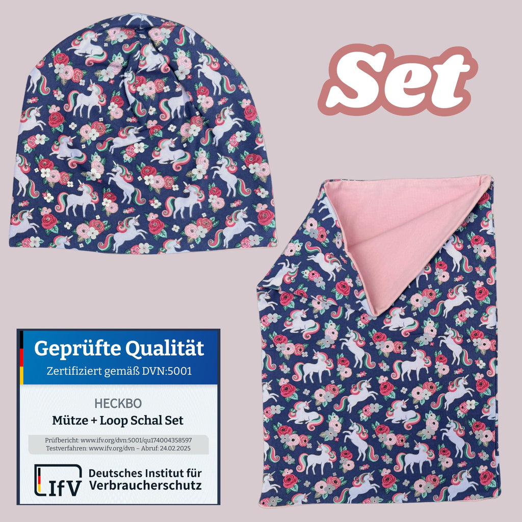 HECKBO 360° Reflektor Kinder Mütze & Loop Schal Set - 95% Baumwolle - weiches & pflegeleichtes Stretch-Material - Beanie Frühling Herbst Winter (48-54 cm)