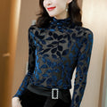 Trendy Long-sleeve Velvet Mesh Turtleneck Base Top