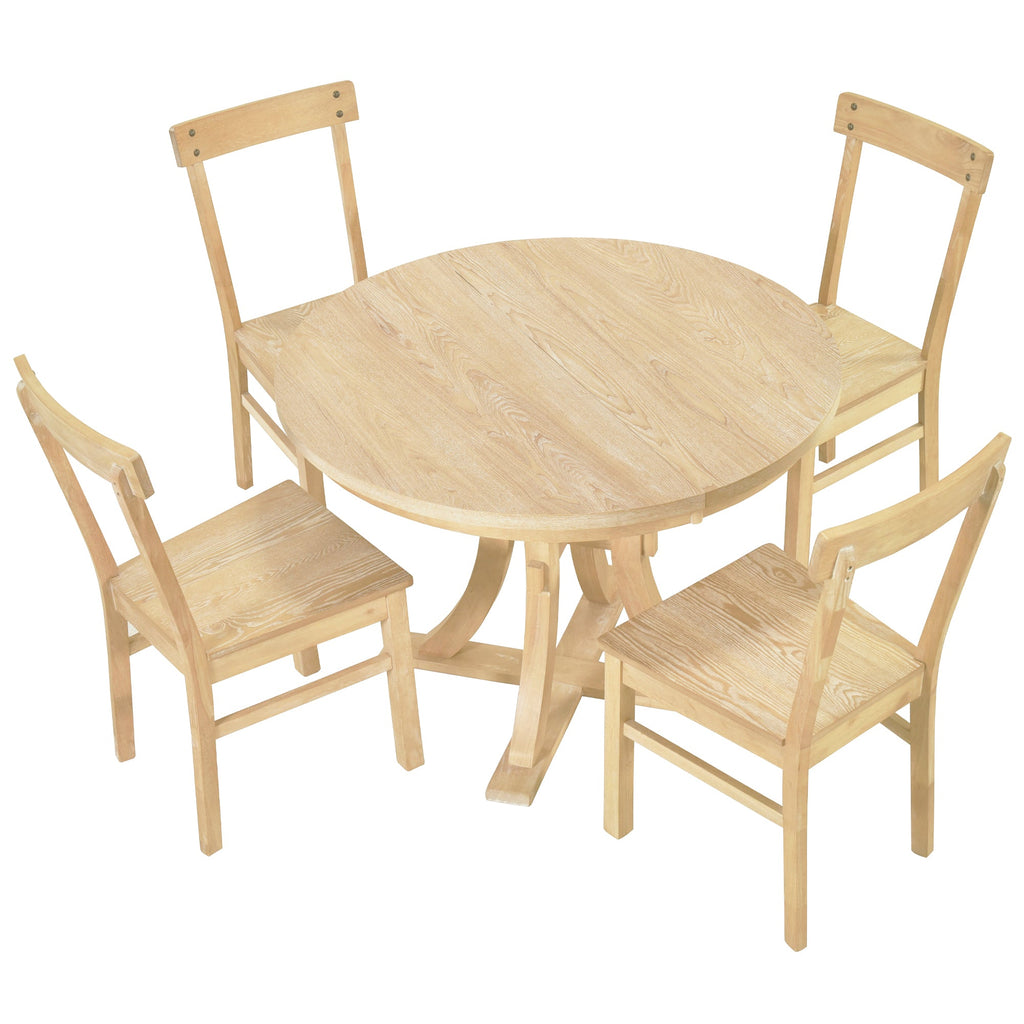 5-Piece Rustic Round Pedestal Extendable Dining Table Set With 15.7" Removable Leaf and Simple Dining Chirs for Small Pl
