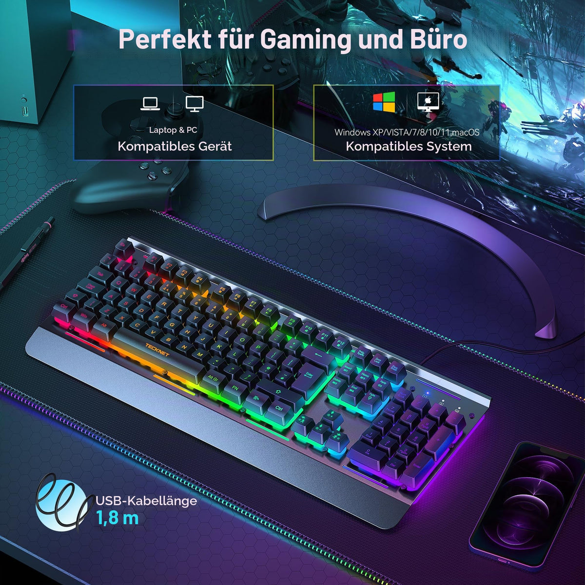TECKNET Gaming Tastatur 105 Tasten Membrantastatur mit Vollmetall-Gehäuse