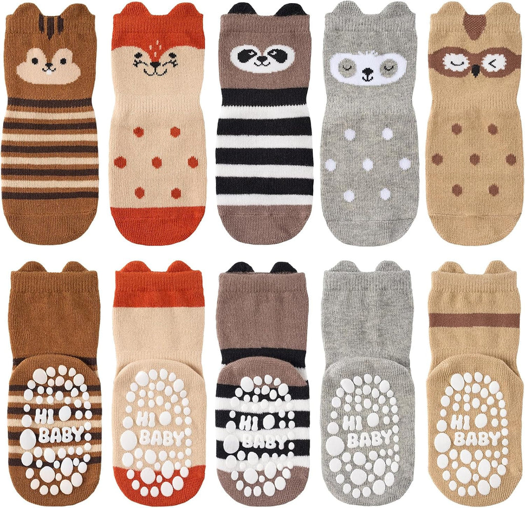 SockWaddles Chaussettes de bébé, 5 paires de chaussettes antidérapantes ABS respirantes pour enfants, chaussettes de bébé en coton, garçons et filles avec des animaux et des licornes