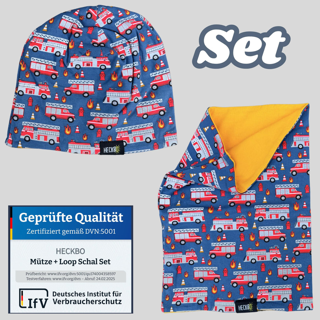 HECKBO 360° Reflektor Kinder Mütze & Loop Schal Set - 95% Baumwolle - weiches & pflegeleichtes Stretch-Material - Beanie Frühling Herbst Winter (48-54 cm)