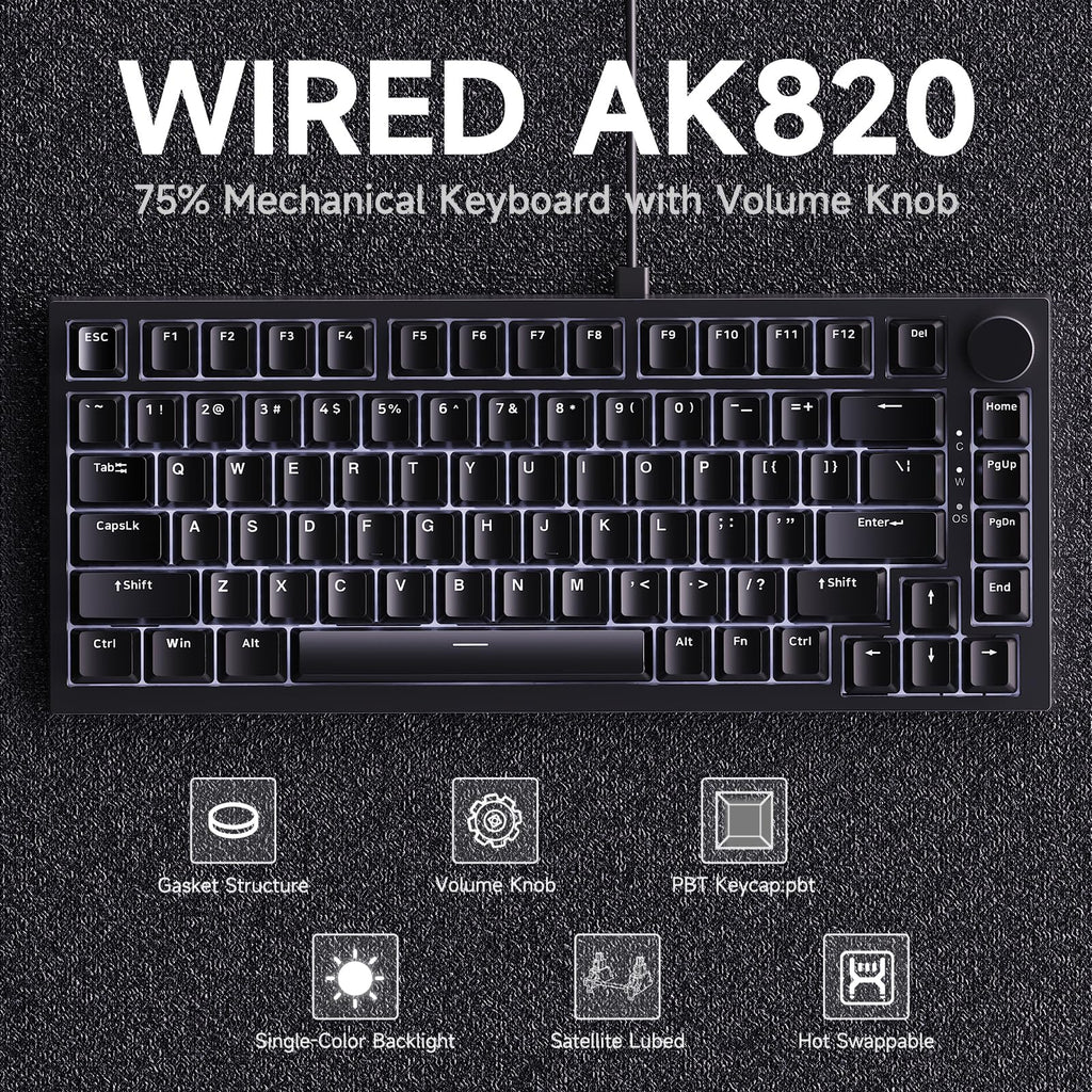 AJAZZ AK820 Mechanical Keyboard, 75% Hot Swappable Wired Keyboard with Volume Control Knob, QWERTY Layout, PBT Keycaps, Five-Layer Sound Insulation Pad, 82-Key Gaming Keyboard, Grey White